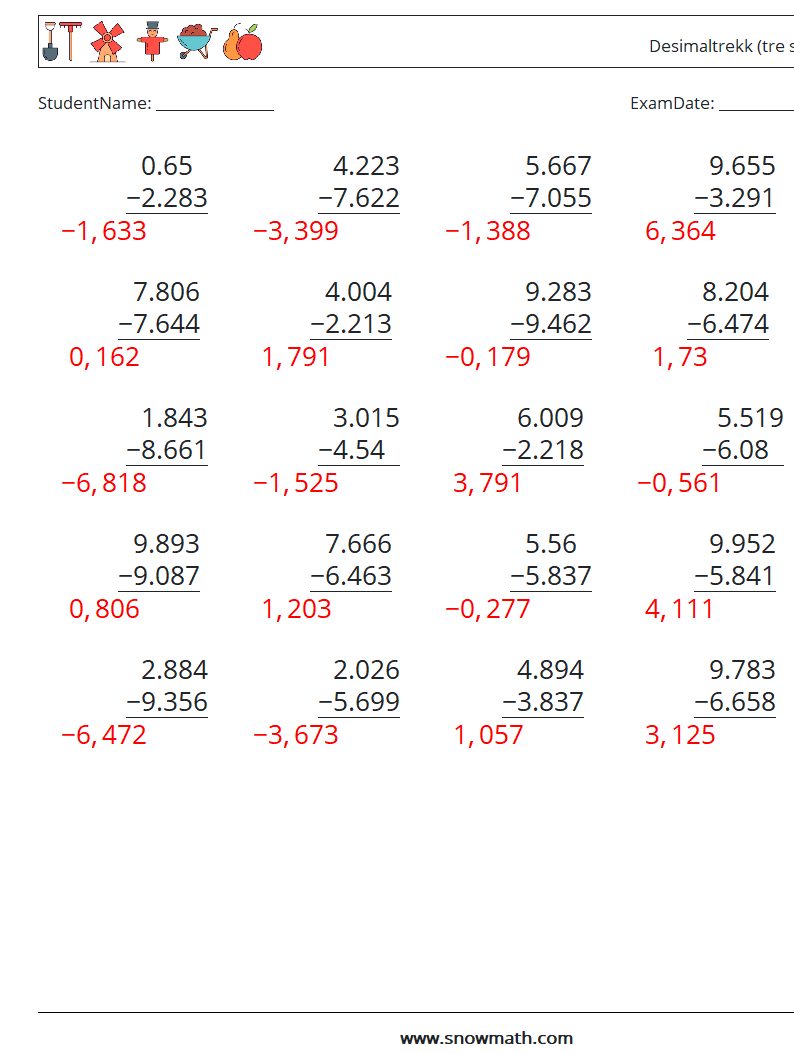 (25) Desimaltrekk (tre siffer) MathWorksheets 3 QuestionAnswer