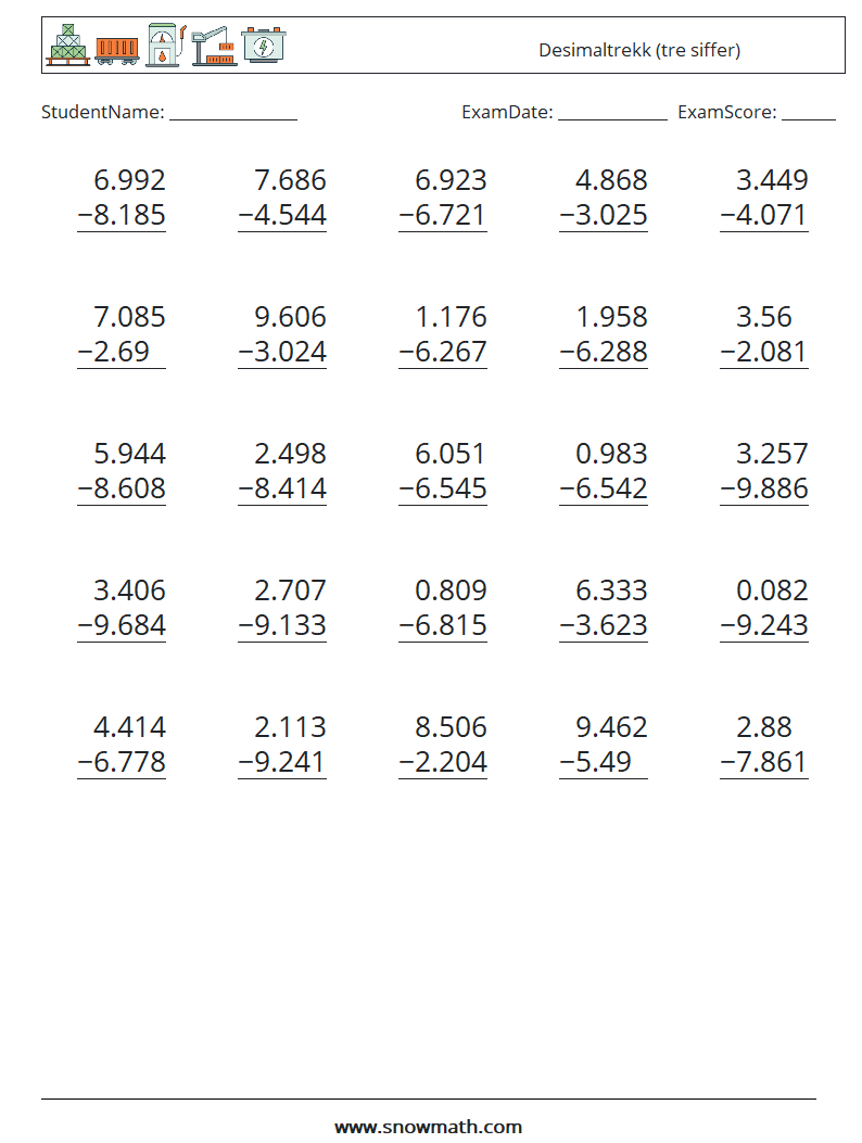 (25) Desimaltrekk (tre siffer) MathWorksheets 4