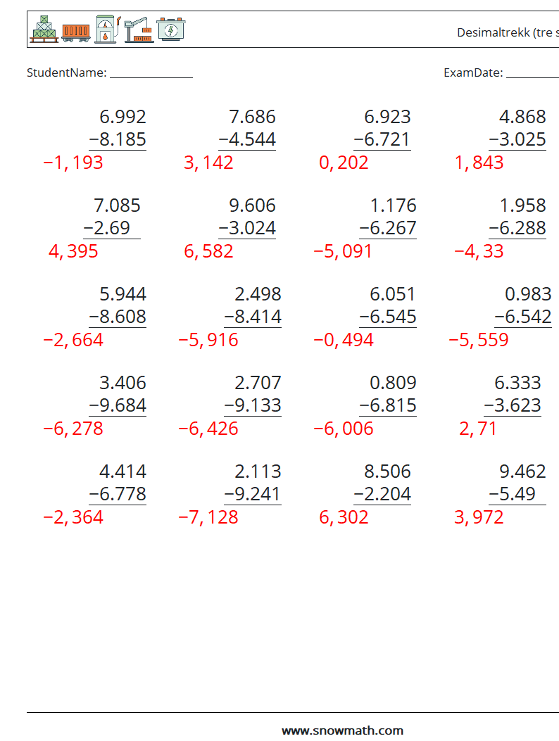 (25) Desimaltrekk (tre siffer) MathWorksheets 4 QuestionAnswer