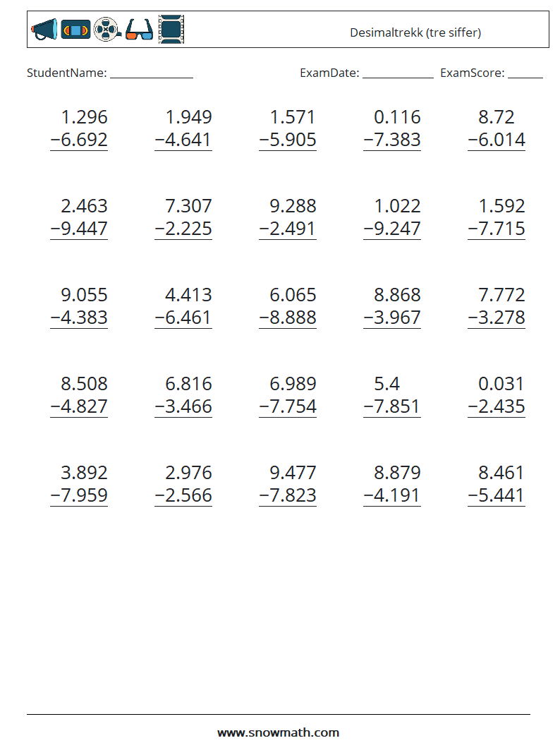 (25) Desimaltrekk (tre siffer) MathWorksheets 5