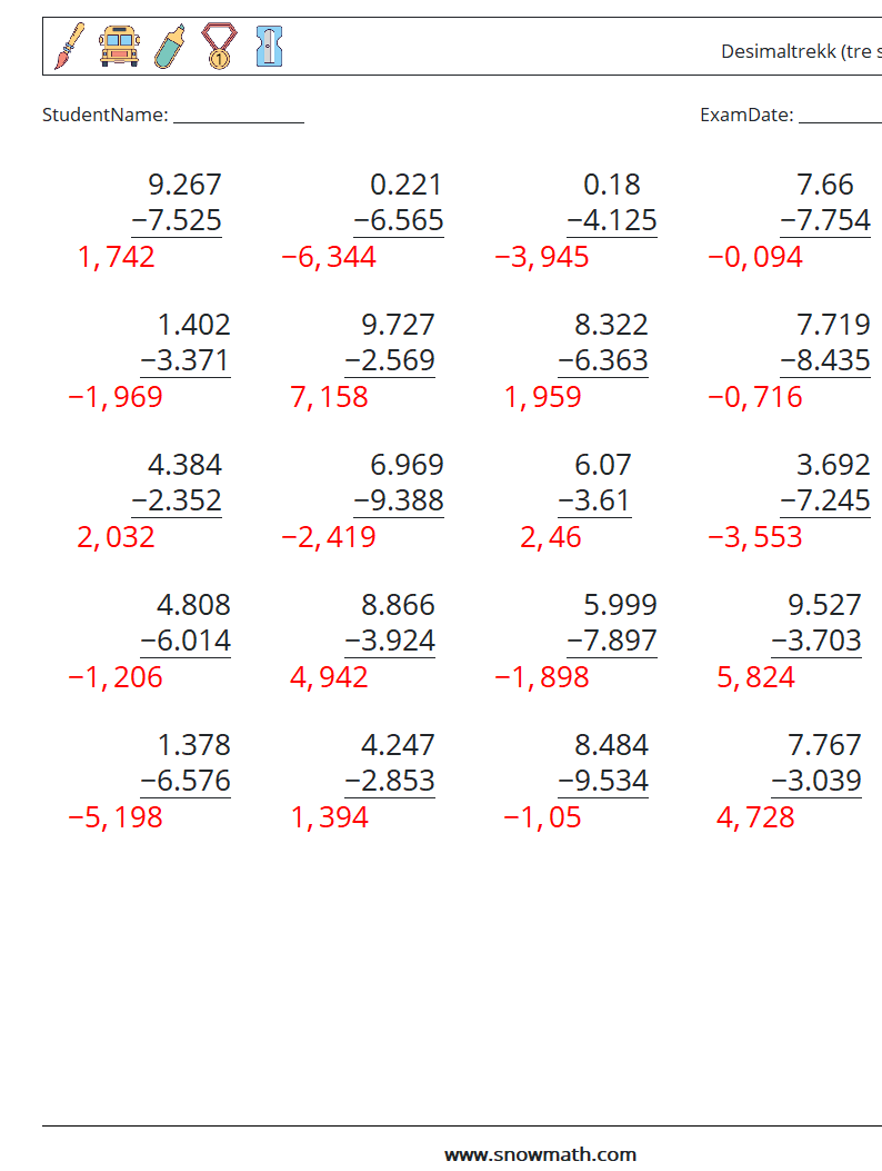 (25) Desimaltrekk (tre siffer) MathWorksheets 6 QuestionAnswer