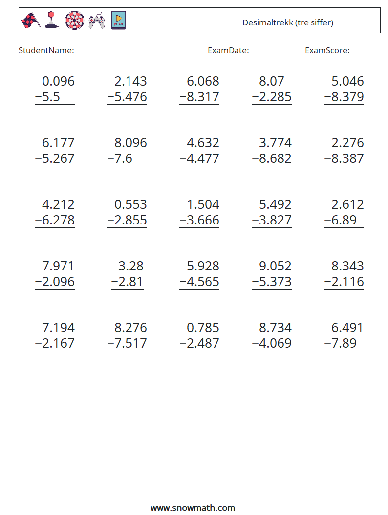 (25) Desimaltrekk (tre siffer) MathWorksheets 7