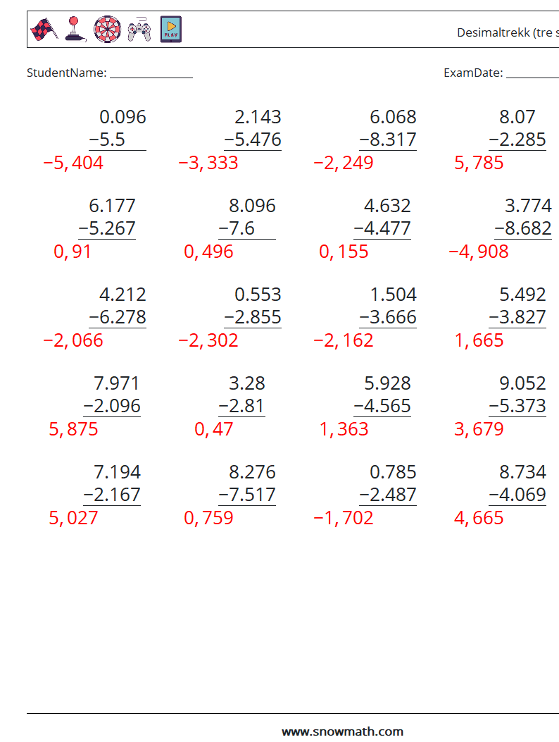 (25) Desimaltrekk (tre siffer) MathWorksheets 7 QuestionAnswer