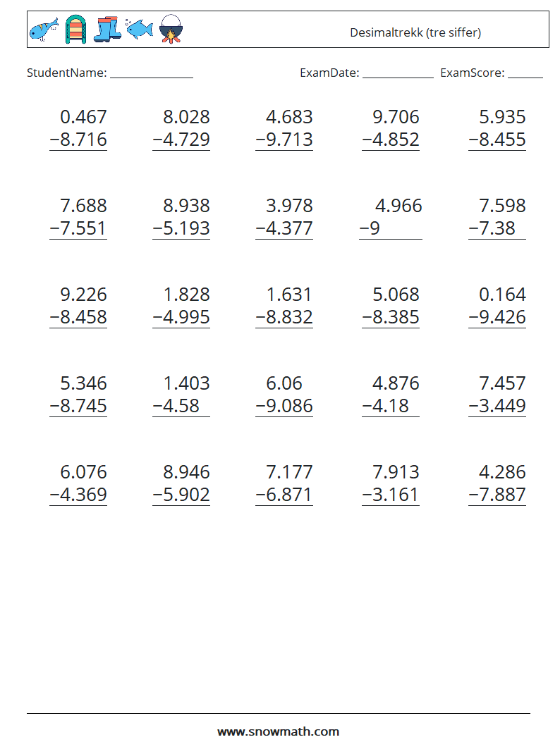 (25) Desimaltrekk (tre siffer) MathWorksheets 8