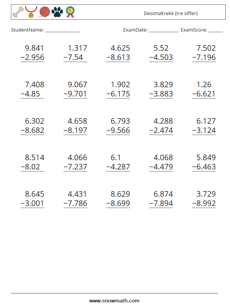 (25) Desimaltrekk (tre siffer) MathWorksheets 9