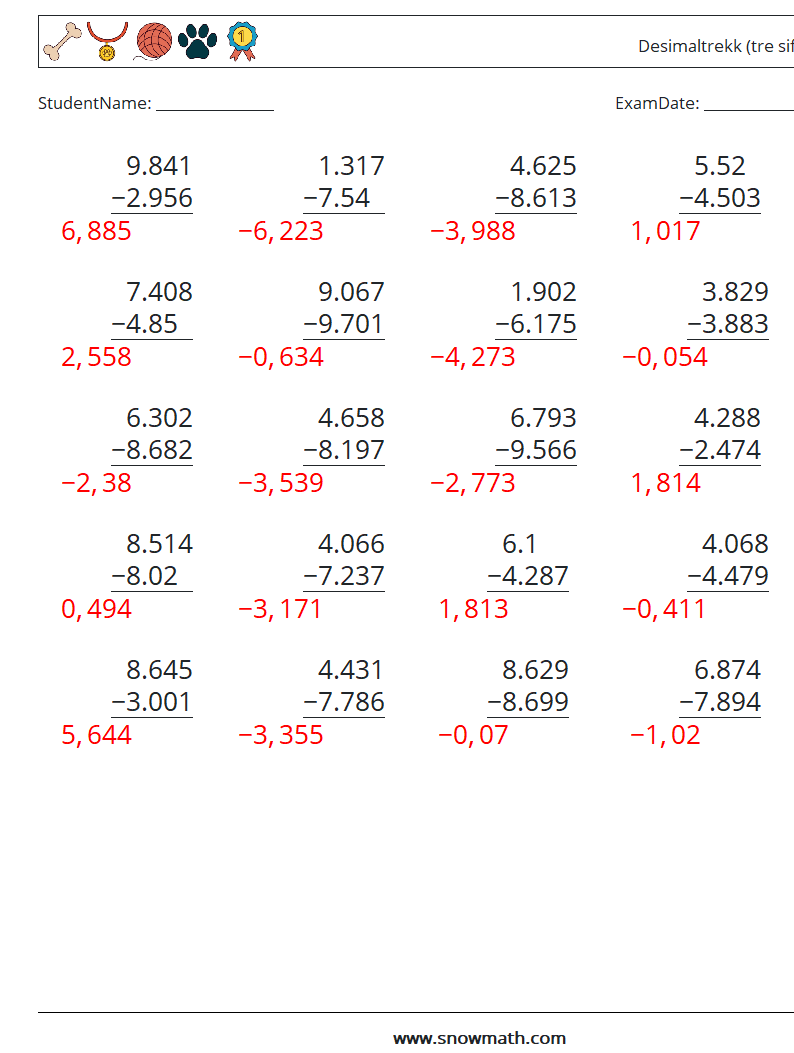 (25) Desimaltrekk (tre siffer) MathWorksheets 9 QuestionAnswer