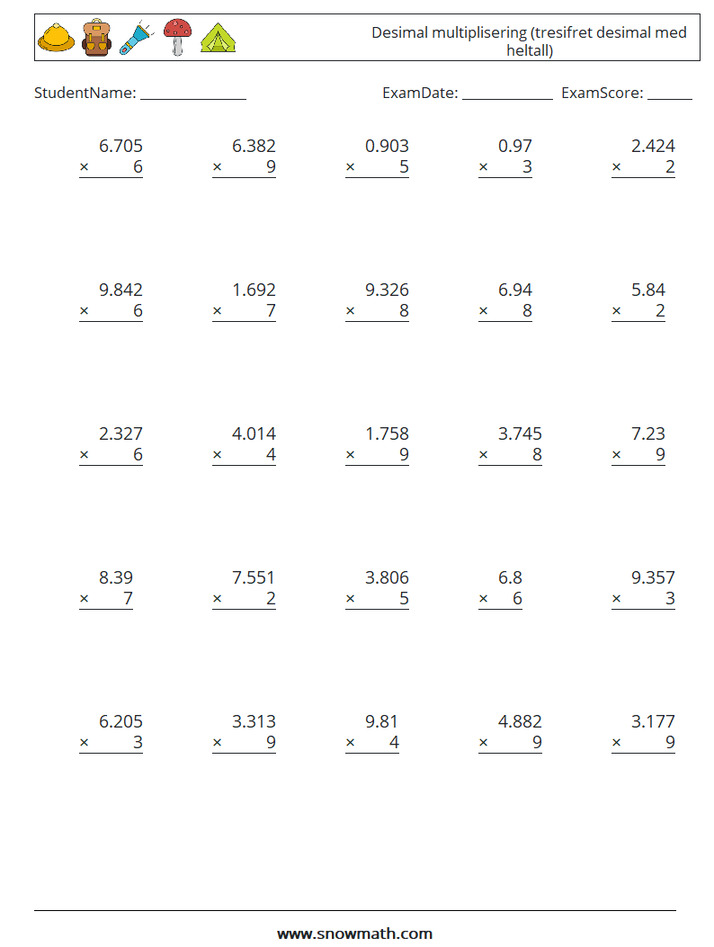 (25) Desimal multiplisering (tresifret desimal med heltall) MathWorksheets 1