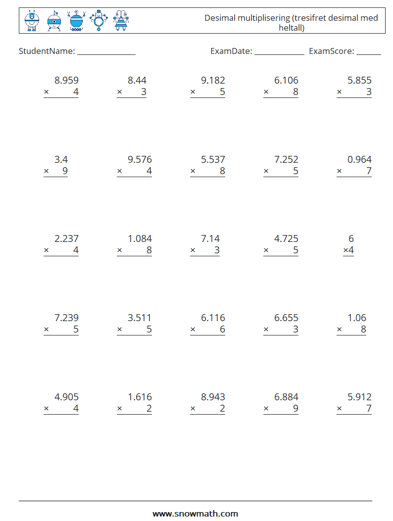 (25) Desimal multiplisering (tresifret desimal med heltall) MathWorksheets 10