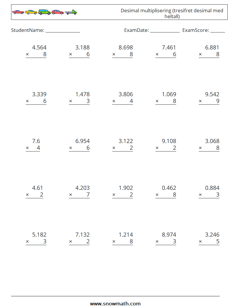 (25) Desimal multiplisering (tresifret desimal med heltall) MathWorksheets 11