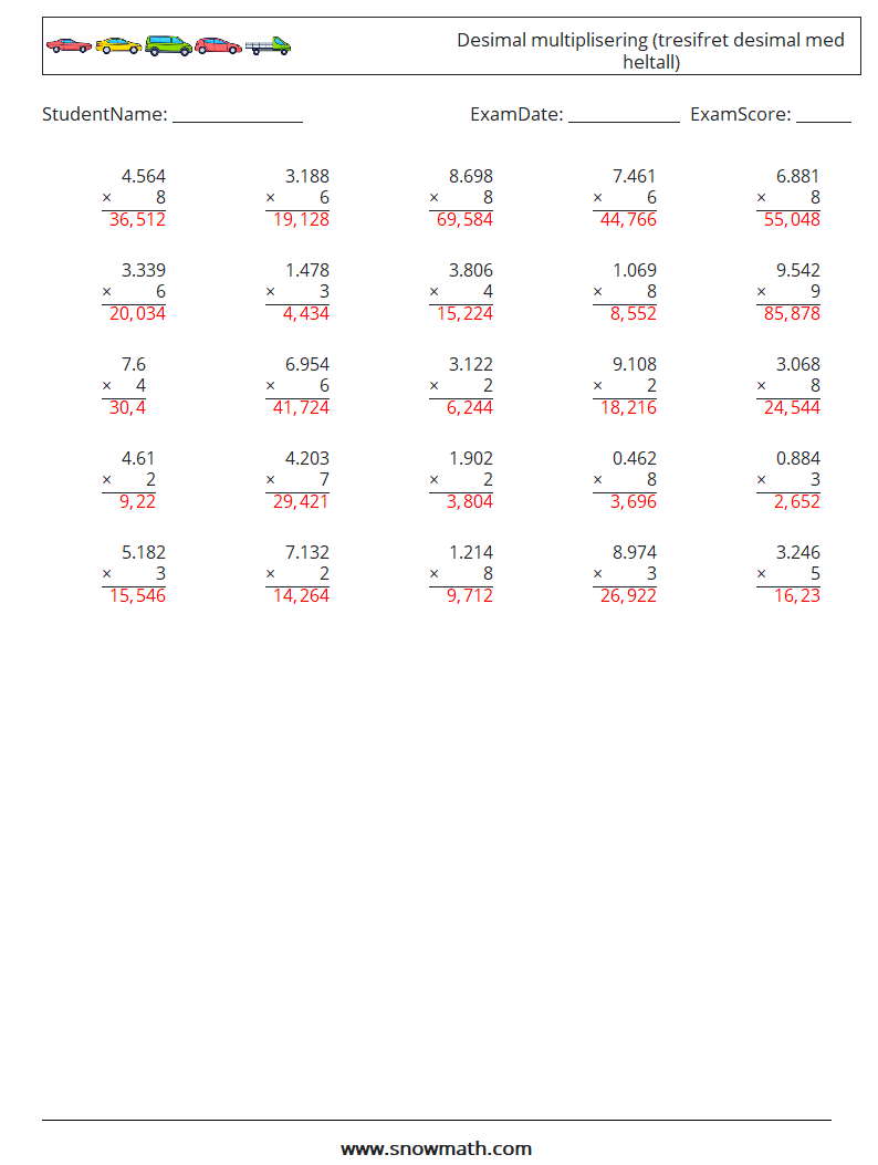 (25) Desimal multiplisering (tresifret desimal med heltall) MathWorksheets 11 QuestionAnswer