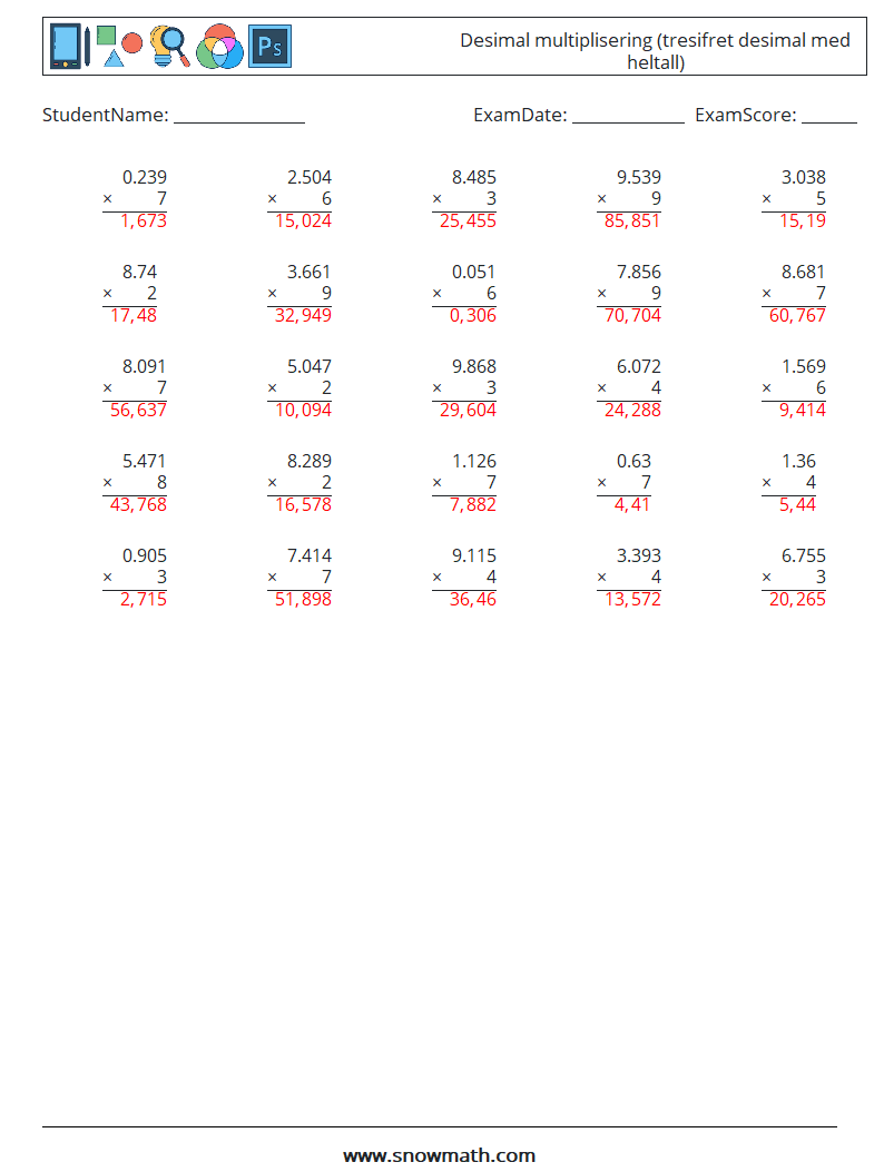 (25) Desimal multiplisering (tresifret desimal med heltall) MathWorksheets 12 QuestionAnswer