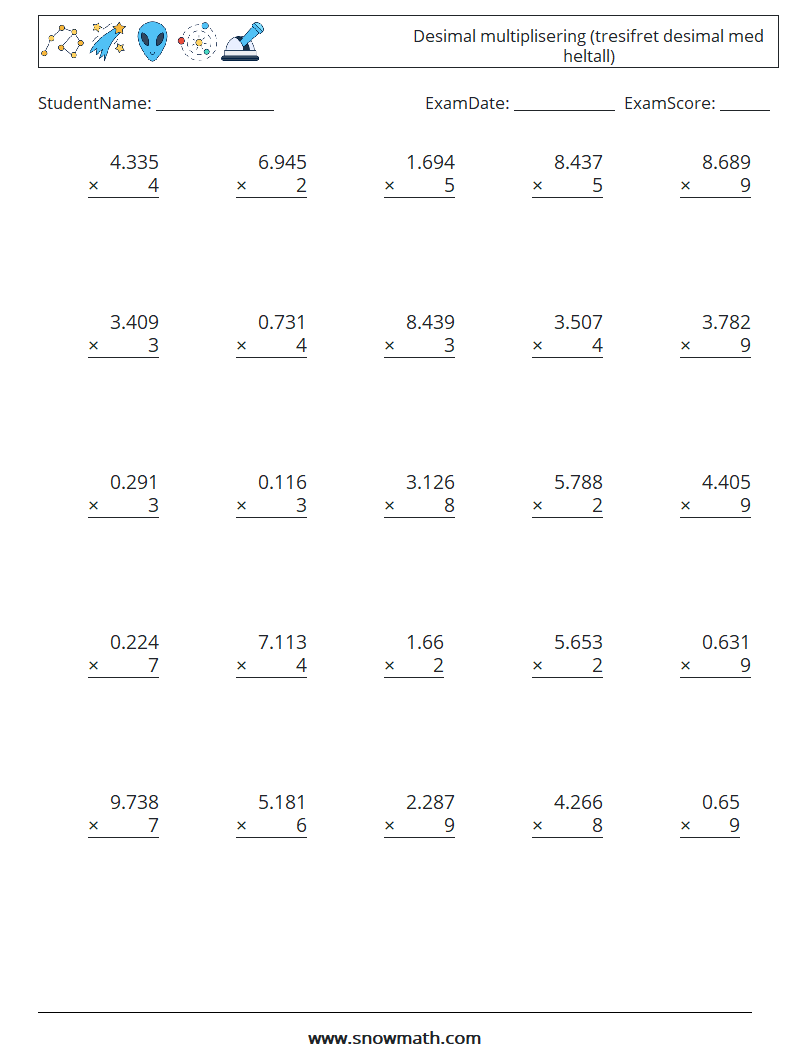 (25) Desimal multiplisering (tresifret desimal med heltall) MathWorksheets 13