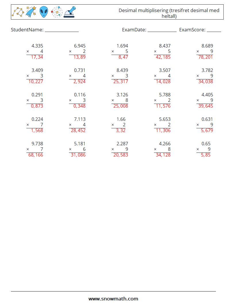 (25) Desimal multiplisering (tresifret desimal med heltall) MathWorksheets 13 QuestionAnswer