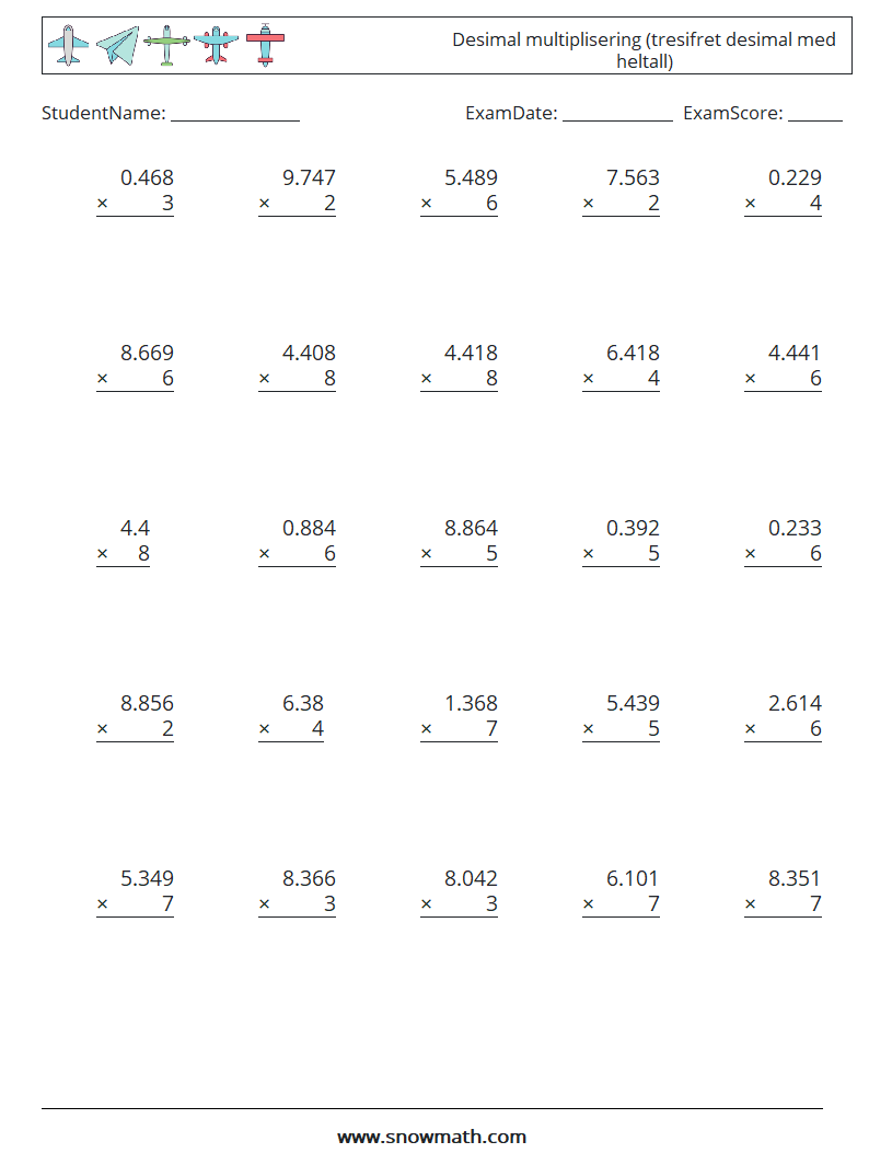 (25) Desimal multiplisering (tresifret desimal med heltall) MathWorksheets 14