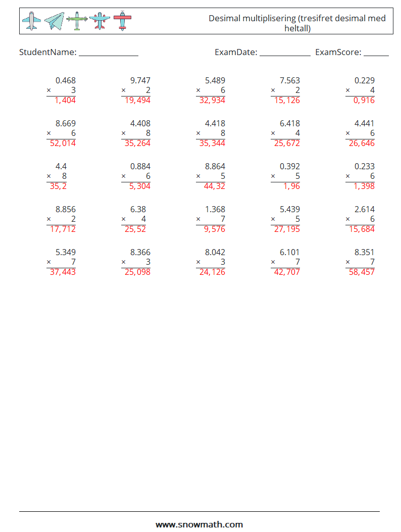 (25) Desimal multiplisering (tresifret desimal med heltall) MathWorksheets 14 QuestionAnswer