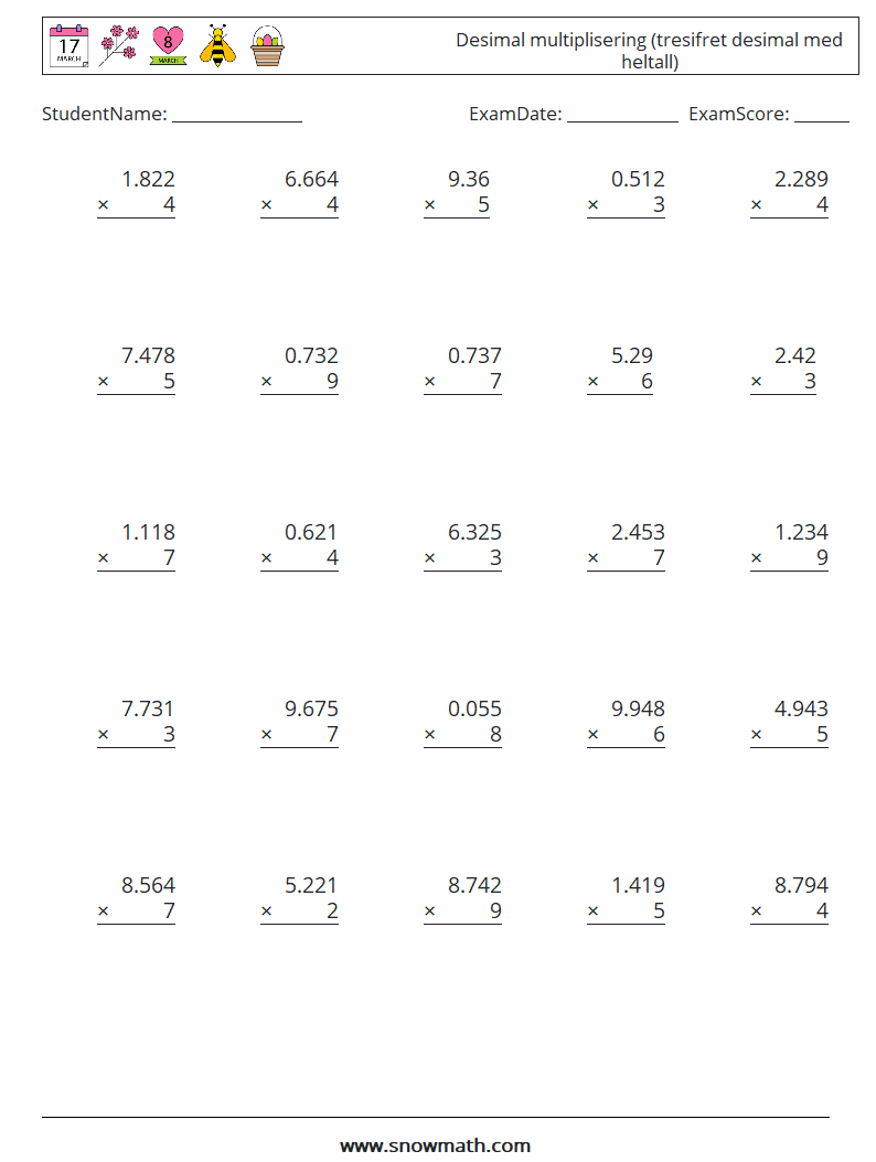 (25) Desimal multiplisering (tresifret desimal med heltall) MathWorksheets 15