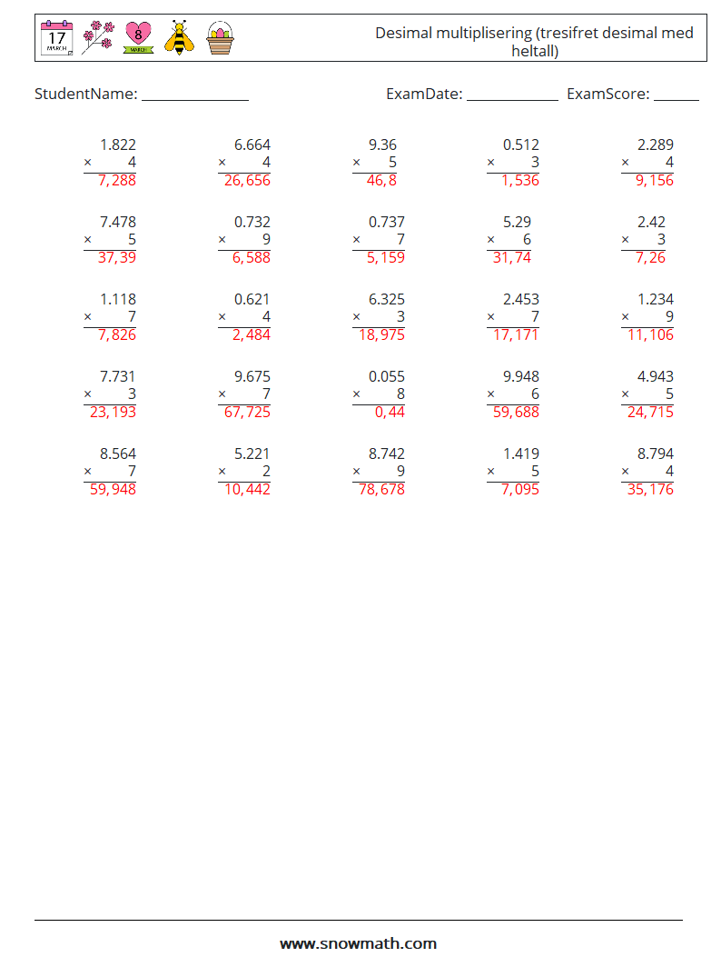 (25) Desimal multiplisering (tresifret desimal med heltall) MathWorksheets 15 QuestionAnswer