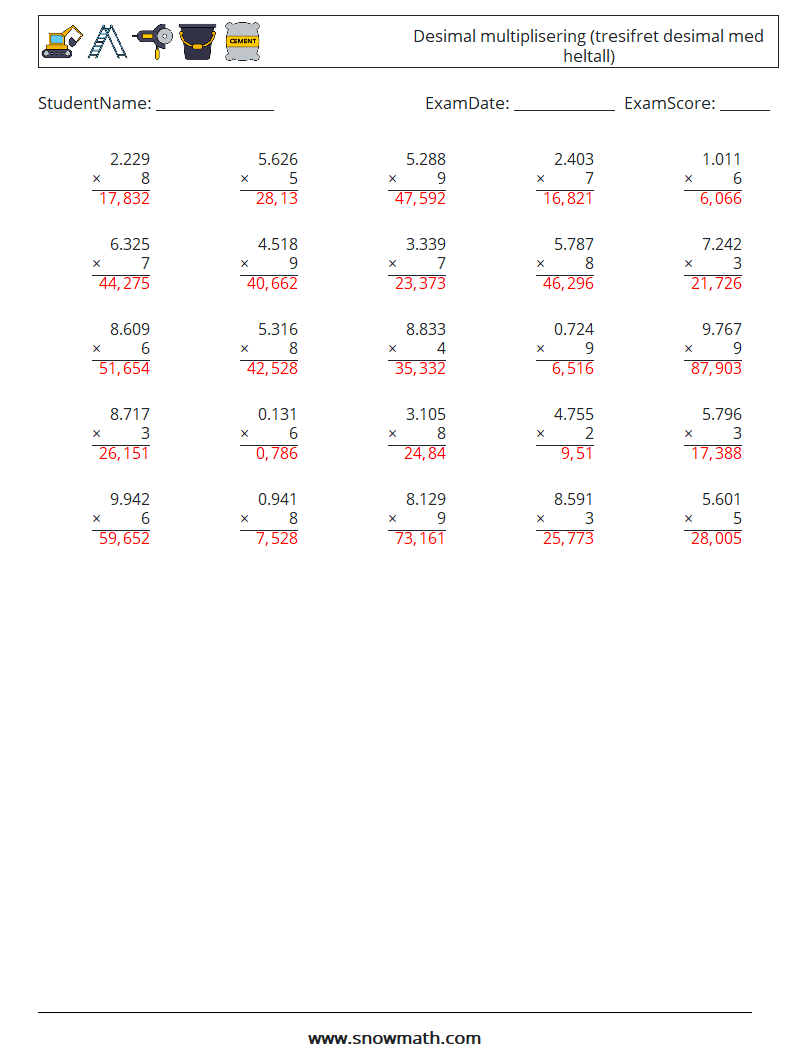 (25) Desimal multiplisering (tresifret desimal med heltall) MathWorksheets 16 QuestionAnswer