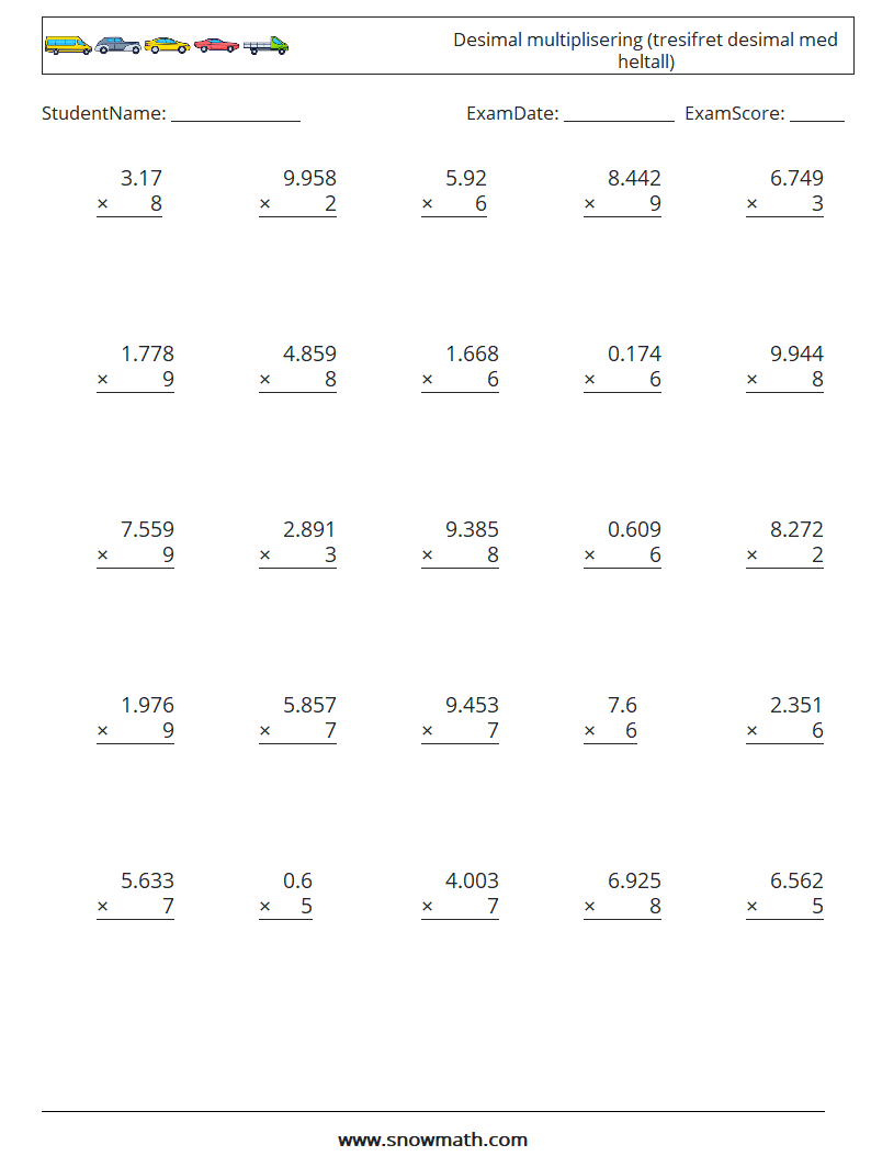 (25) Desimal multiplisering (tresifret desimal med heltall) MathWorksheets 17
