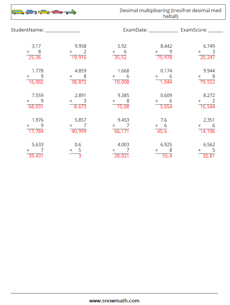 (25) Desimal multiplisering (tresifret desimal med heltall) MathWorksheets 17 QuestionAnswer