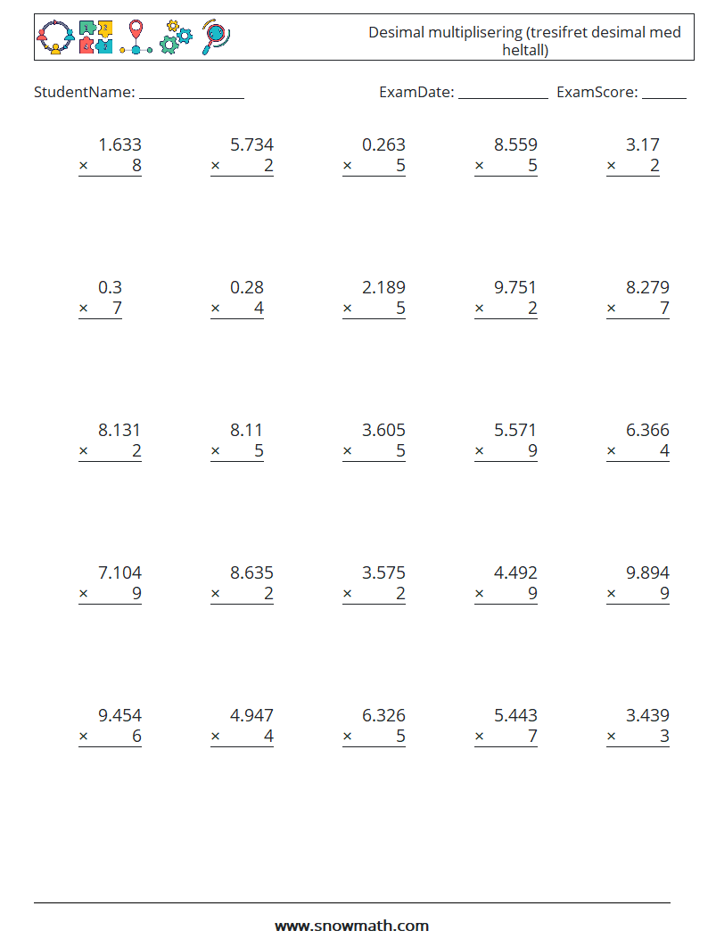 (25) Desimal multiplisering (tresifret desimal med heltall) MathWorksheets 18