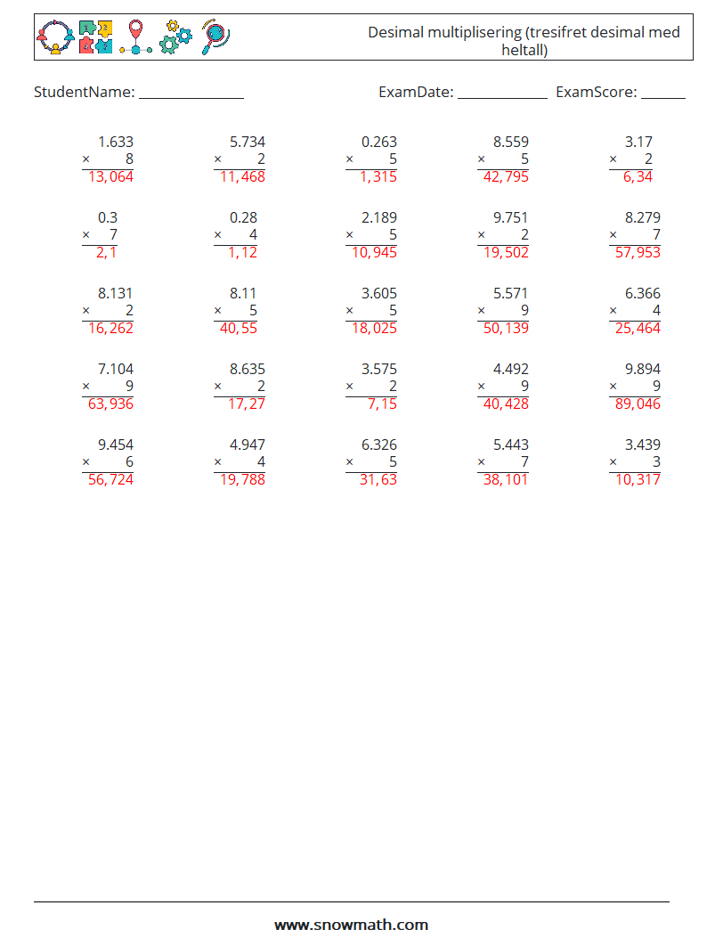 (25) Desimal multiplisering (tresifret desimal med heltall) MathWorksheets 18 QuestionAnswer