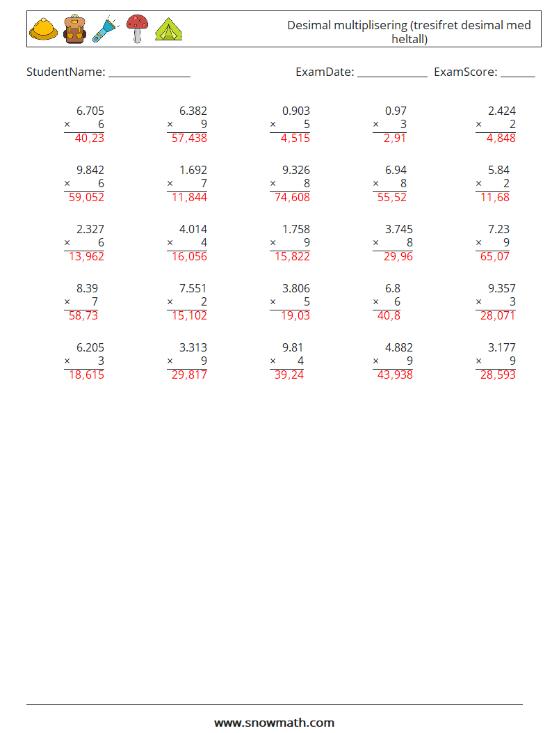 (25) Desimal multiplisering (tresifret desimal med heltall) MathWorksheets 1 QuestionAnswer