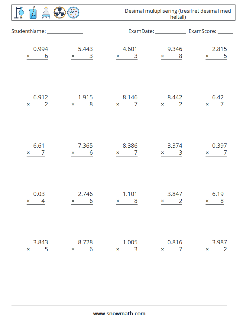 (25) Desimal multiplisering (tresifret desimal med heltall) MathWorksheets 2