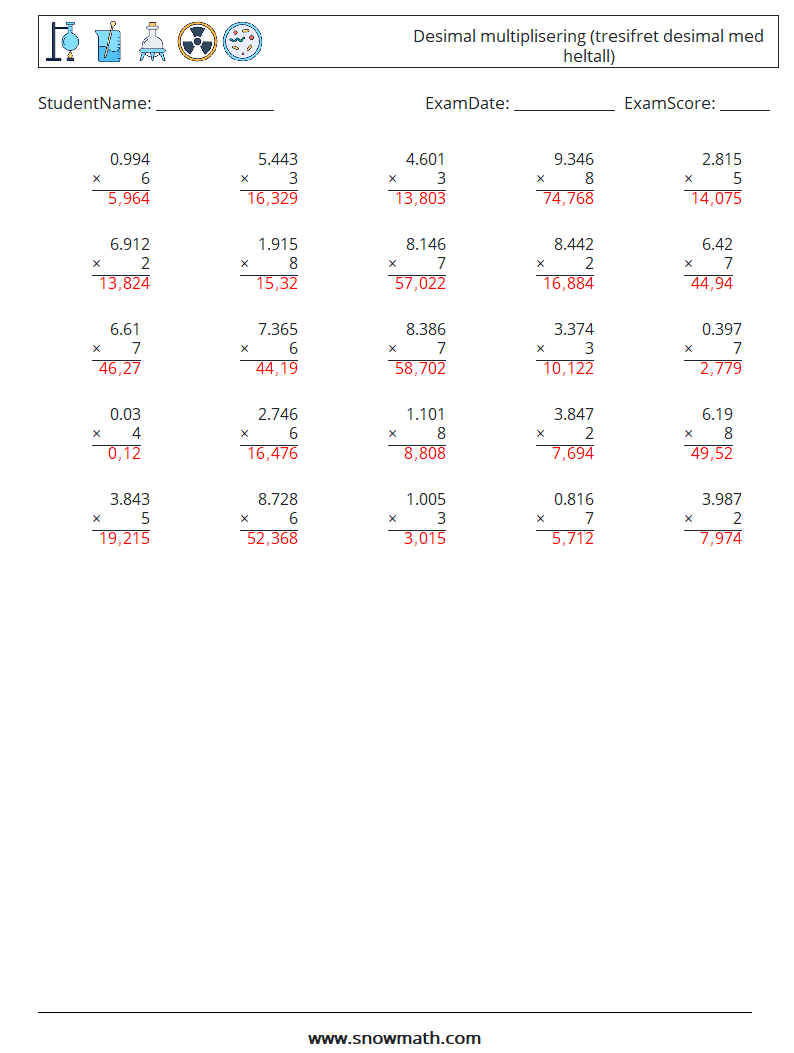 (25) Desimal multiplisering (tresifret desimal med heltall) MathWorksheets 2 QuestionAnswer