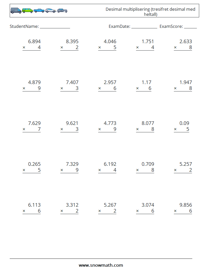 (25) Desimal multiplisering (tresifret desimal med heltall) MathWorksheets 3