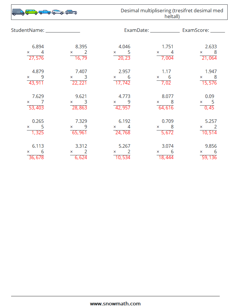 (25) Desimal multiplisering (tresifret desimal med heltall) MathWorksheets 3 QuestionAnswer