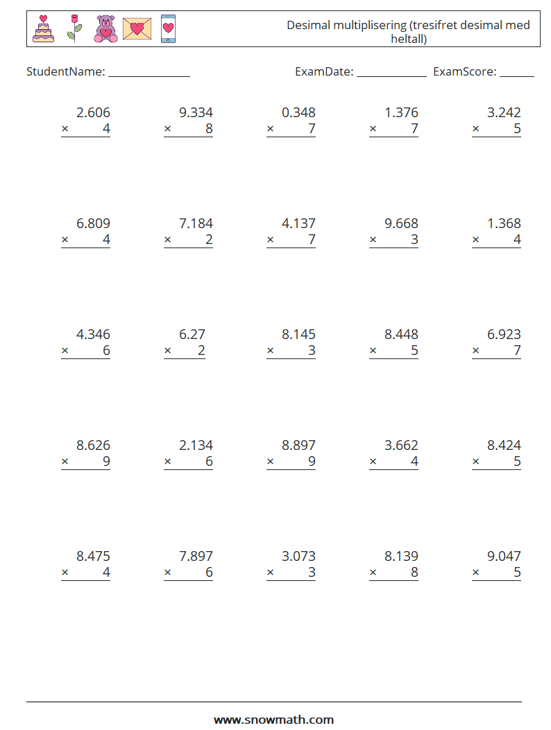 (25) Desimal multiplisering (tresifret desimal med heltall) MathWorksheets 4