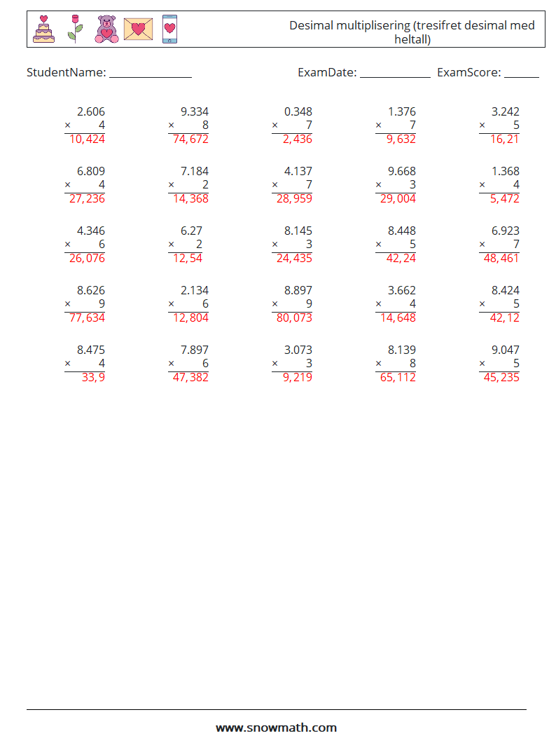 (25) Desimal multiplisering (tresifret desimal med heltall) MathWorksheets 4 QuestionAnswer