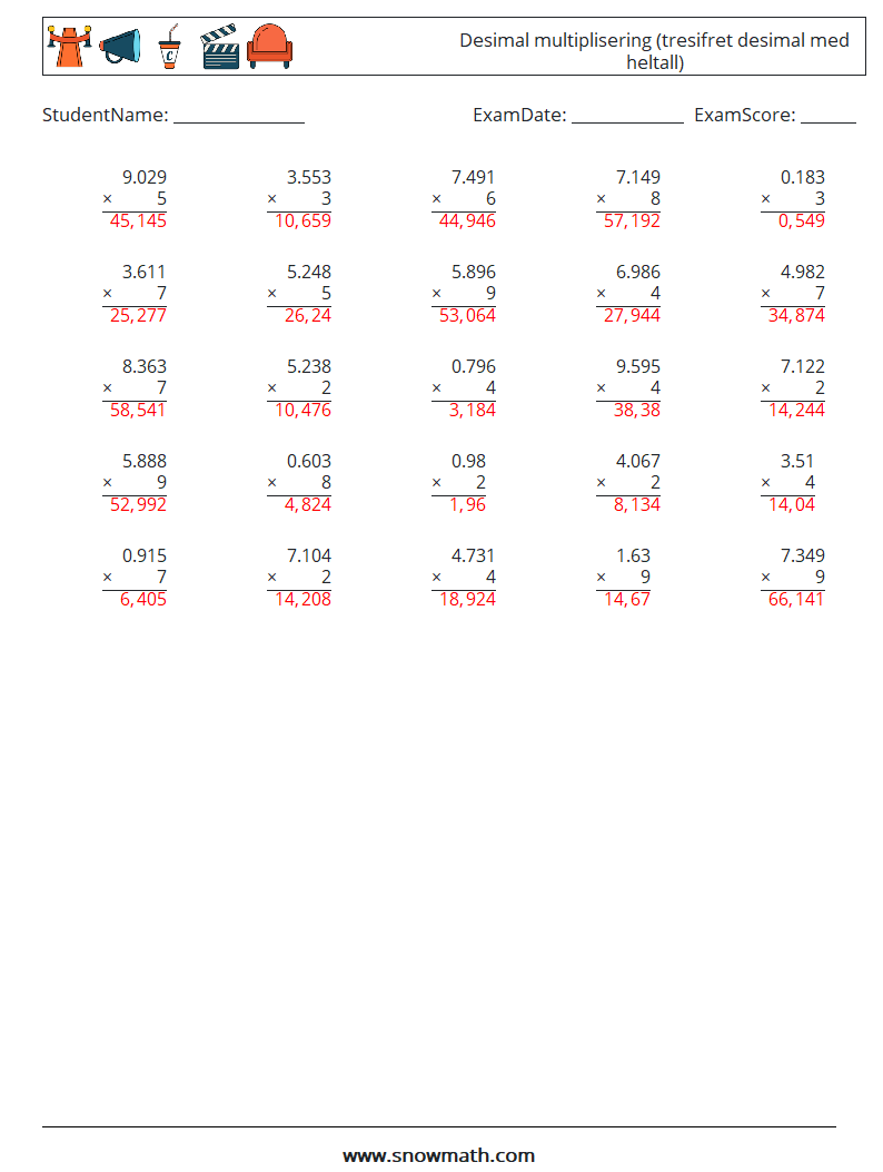 (25) Desimal multiplisering (tresifret desimal med heltall) MathWorksheets 5 QuestionAnswer