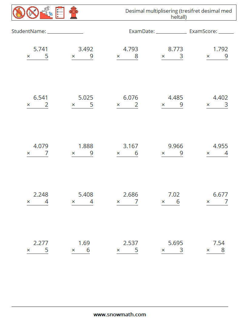 (25) Desimal multiplisering (tresifret desimal med heltall) MathWorksheets 6
