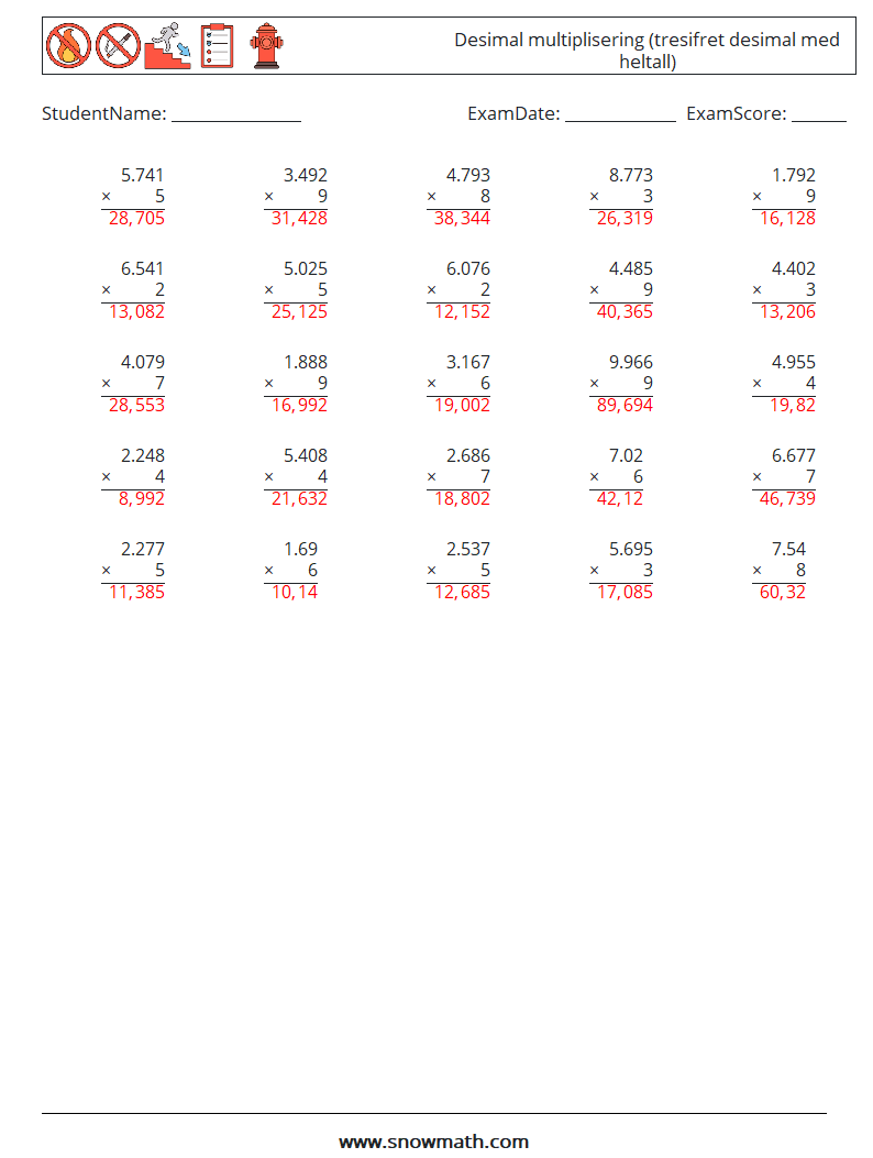 (25) Desimal multiplisering (tresifret desimal med heltall) MathWorksheets 6 QuestionAnswer