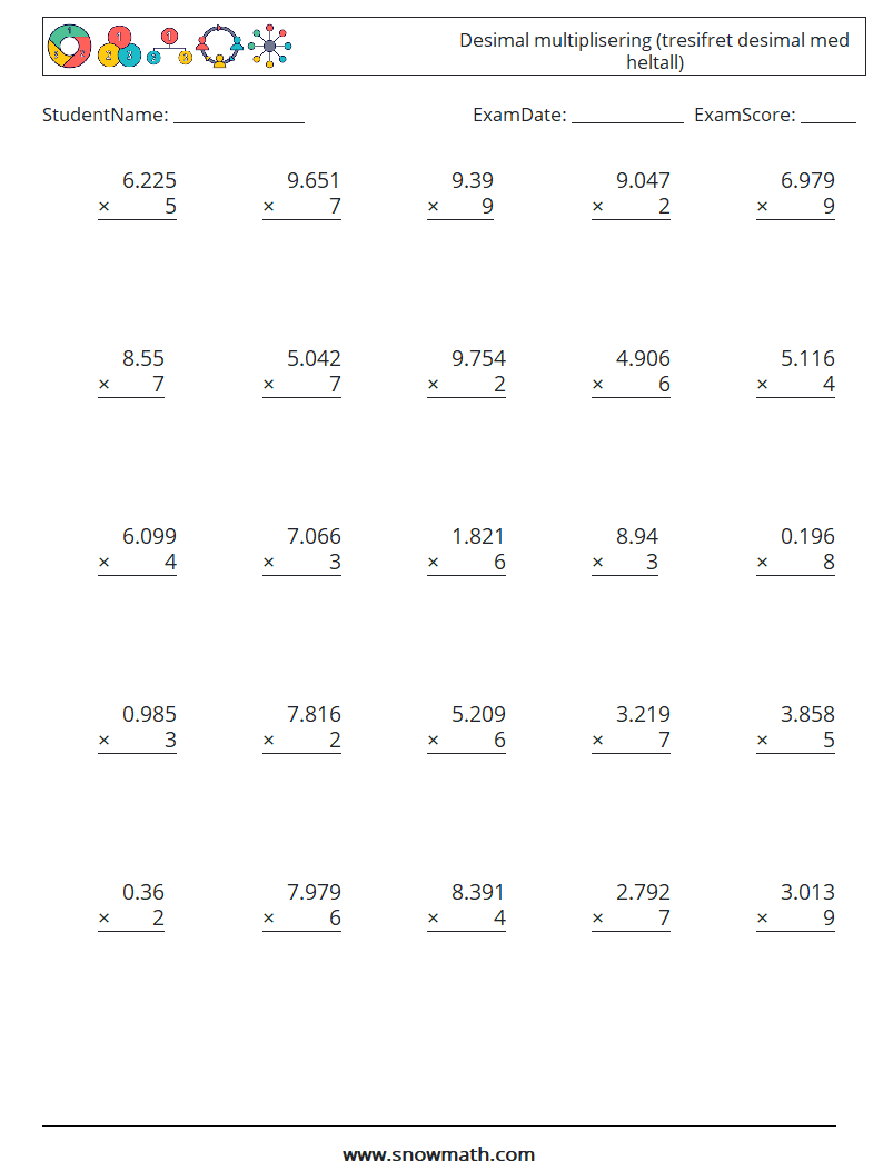 (25) Desimal multiplisering (tresifret desimal med heltall) MathWorksheets 7