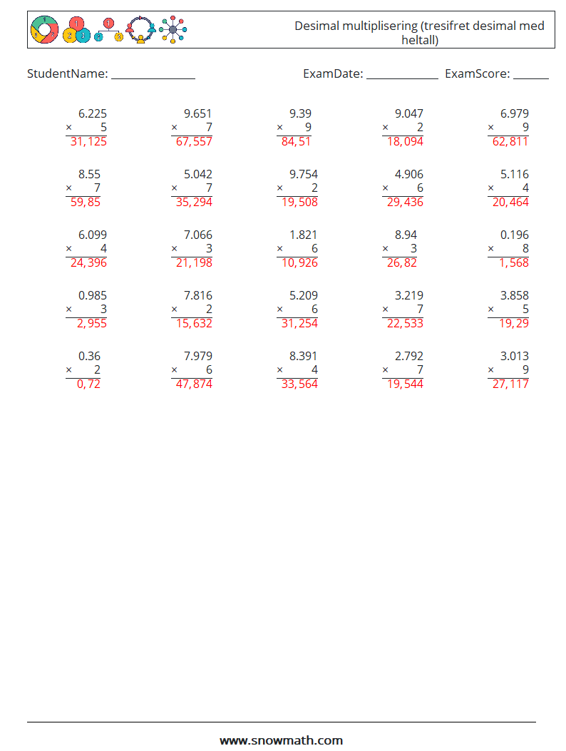 (25) Desimal multiplisering (tresifret desimal med heltall) MathWorksheets 7 QuestionAnswer