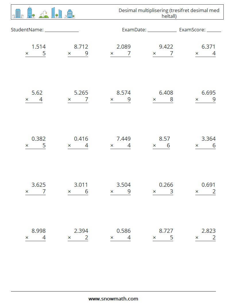 (25) Desimal multiplisering (tresifret desimal med heltall) MathWorksheets 8