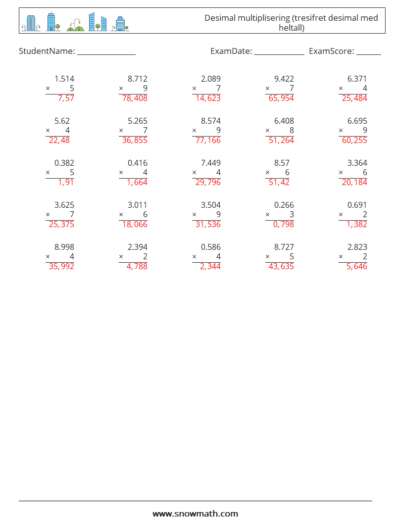 (25) Desimal multiplisering (tresifret desimal med heltall) MathWorksheets 8 QuestionAnswer