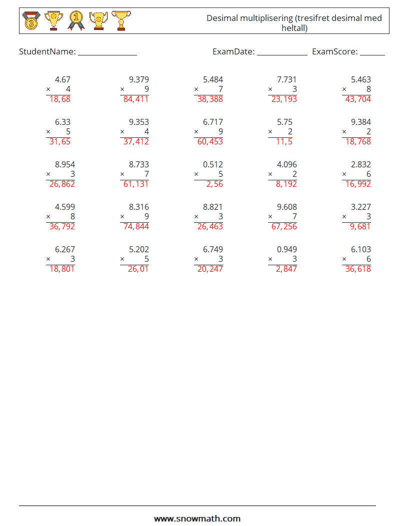 (25) Desimal multiplisering (tresifret desimal med heltall) MathWorksheets 9 QuestionAnswer