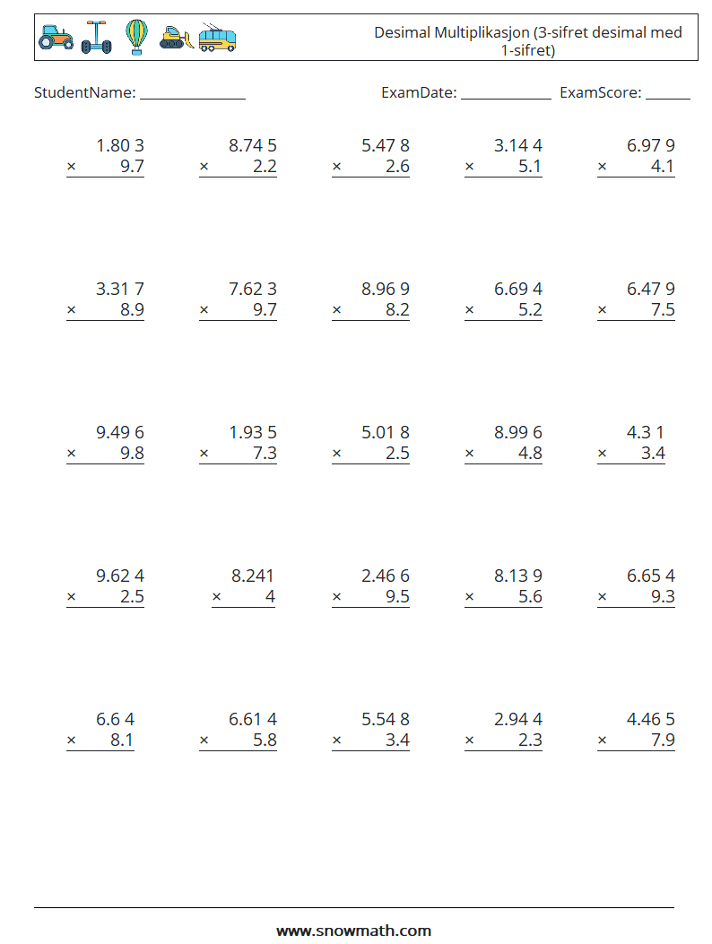 (25) Desimal Multiplikasjon (3-sifret desimal med 1-sifret) MathWorksheets 8