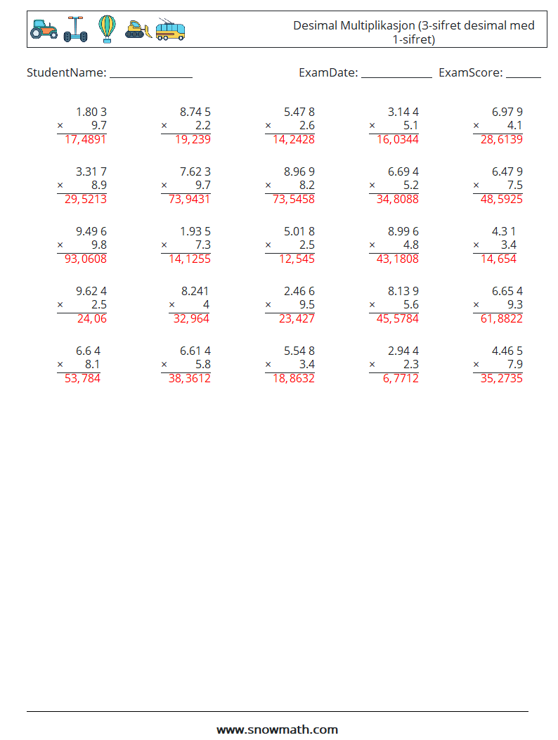 (25) Desimal Multiplikasjon (3-sifret desimal med 1-sifret) MathWorksheets 8 QuestionAnswer