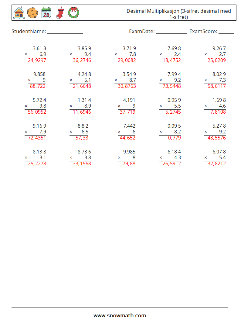 (25) Desimal Multiplikasjon (3-sifret desimal med 1-sifret) MathWorksheets 9 QuestionAnswer