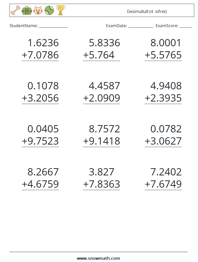 (12) Desimaltall (4 -sifret) MathWorksheets 10