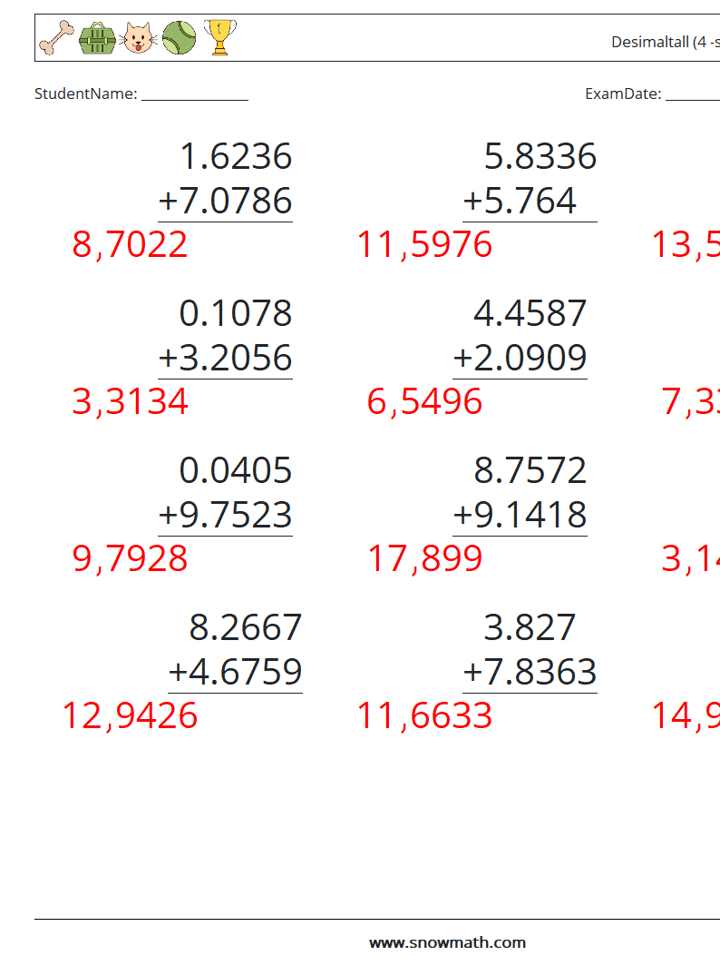 (12) Desimaltall (4 -sifret) MathWorksheets 10 QuestionAnswer