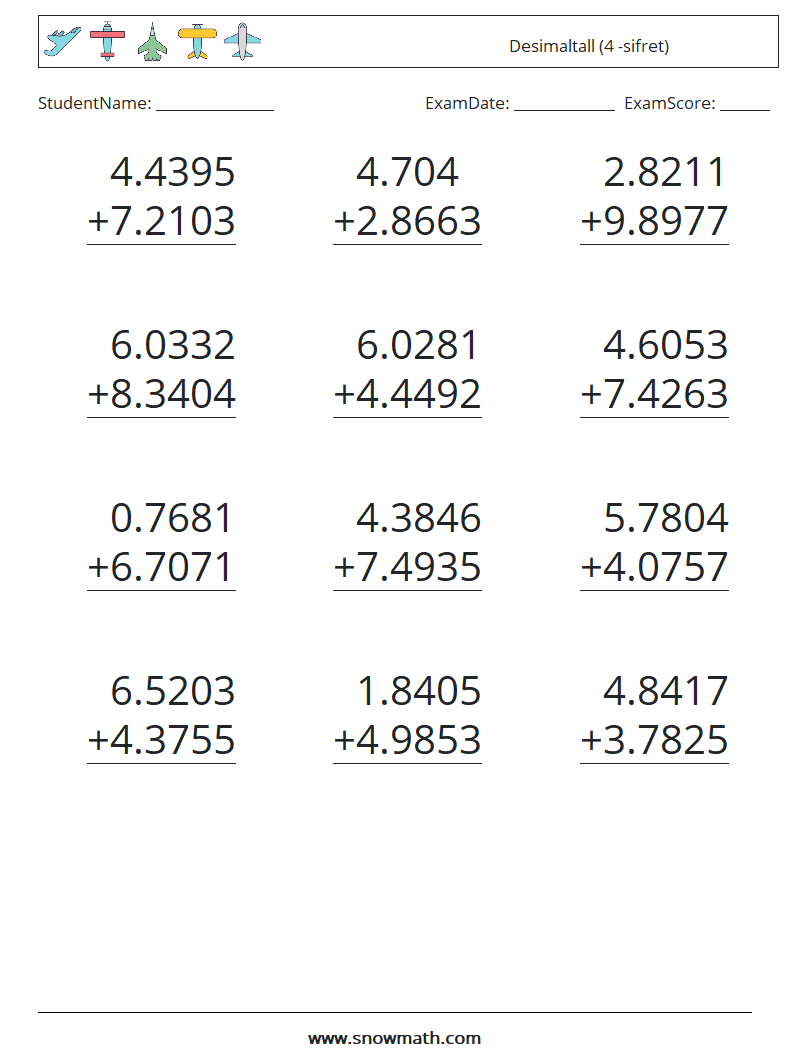 (12) Desimaltall (4 -sifret) MathWorksheets 11