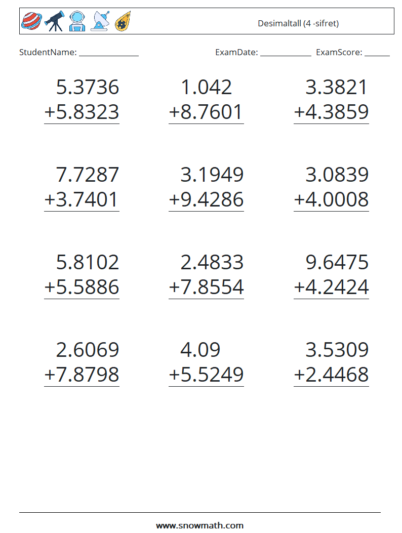 (12) Desimaltall (4 -sifret) MathWorksheets 12