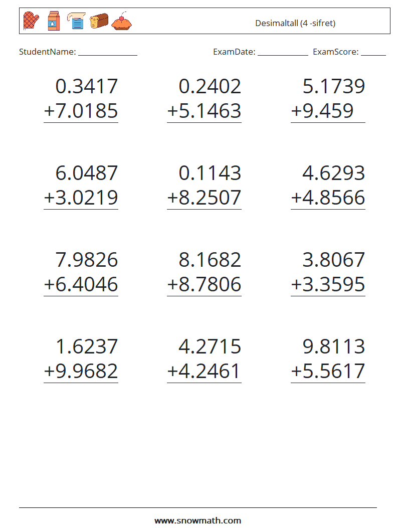 (12) Desimaltall (4 -sifret) MathWorksheets 13