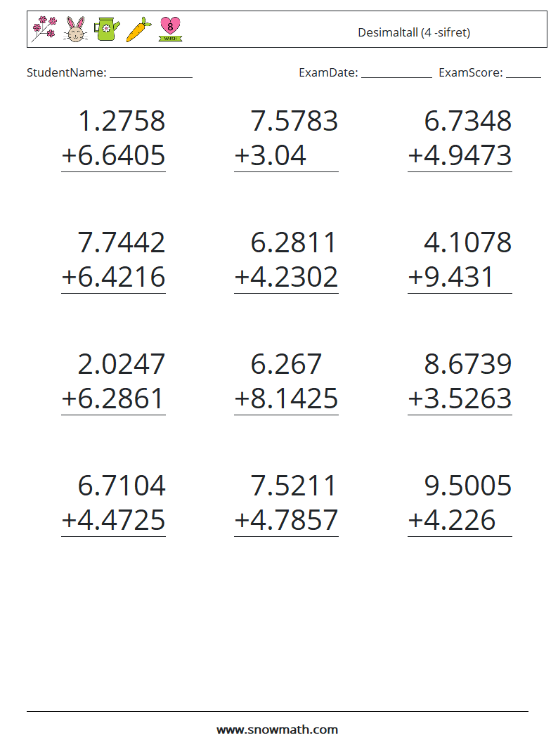 (12) Desimaltall (4 -sifret) MathWorksheets 14